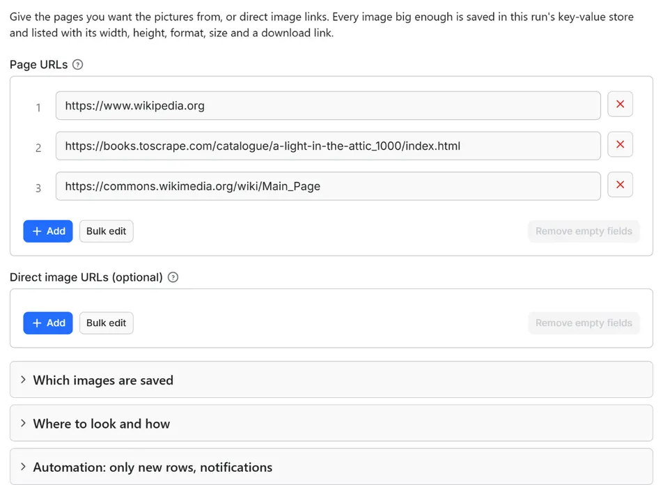 Input form of Bulk Image Downloader API: Save Page Images with Sizes