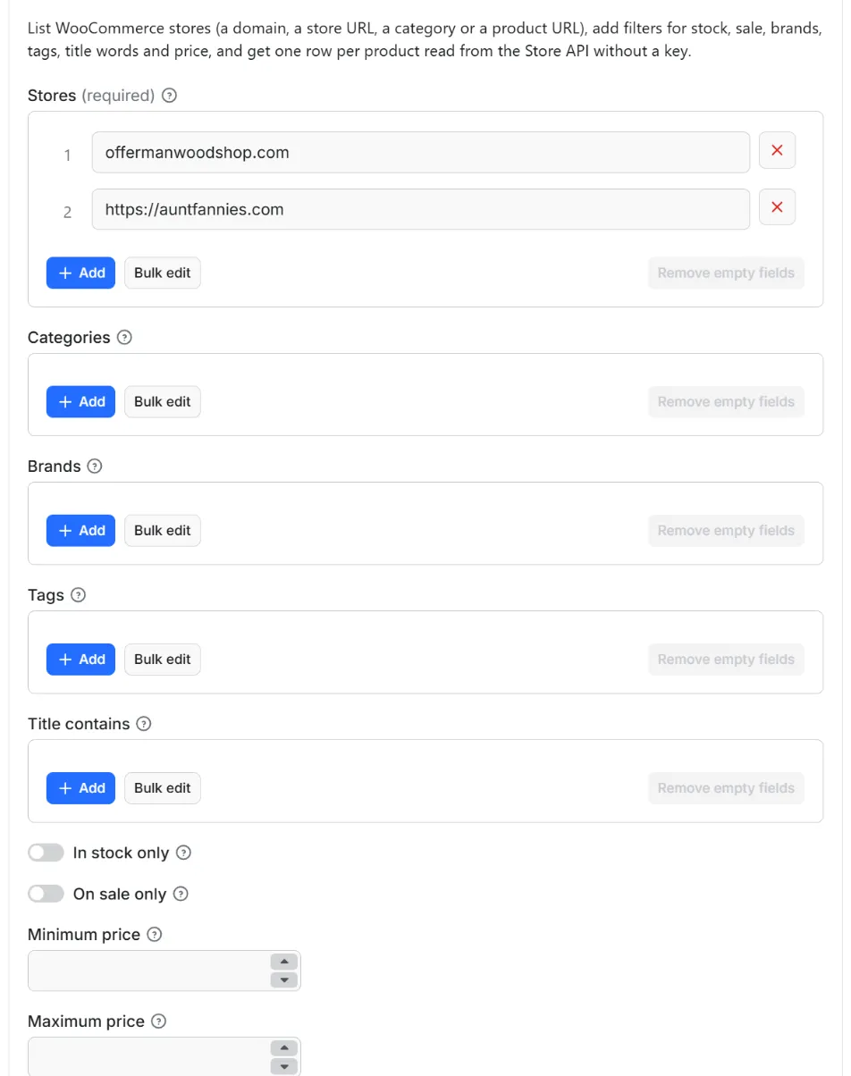 Input form of WooCommerce Products Scraper – Store API Export