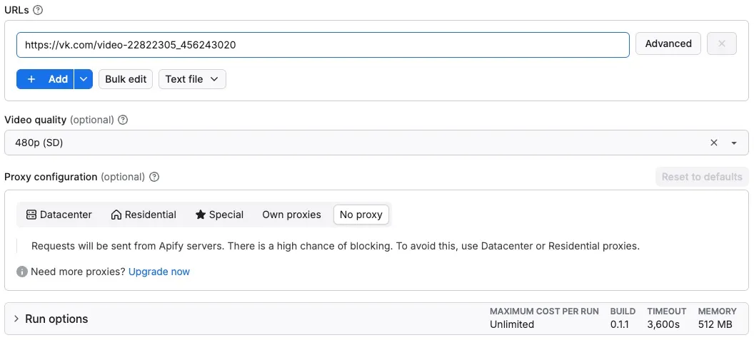 VK Video Downloader input