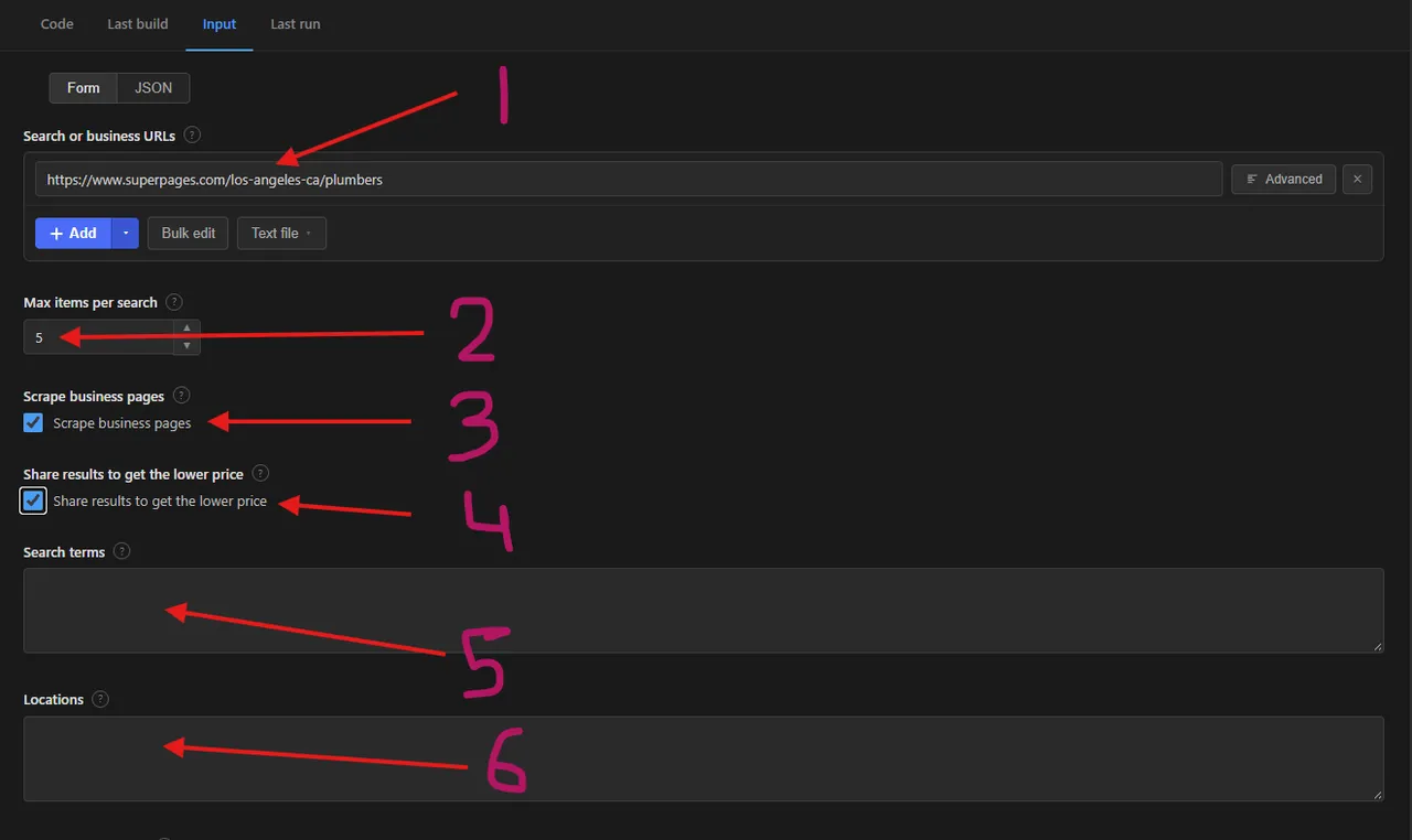 Superpages Scraper input form in Apify Console: search or business URLs, max items per search, scrape business pages, share results to get the lower price, search terms and locations