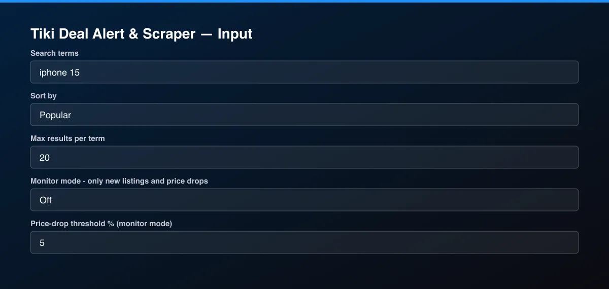 Tiki Deal Alert & Scraper input form