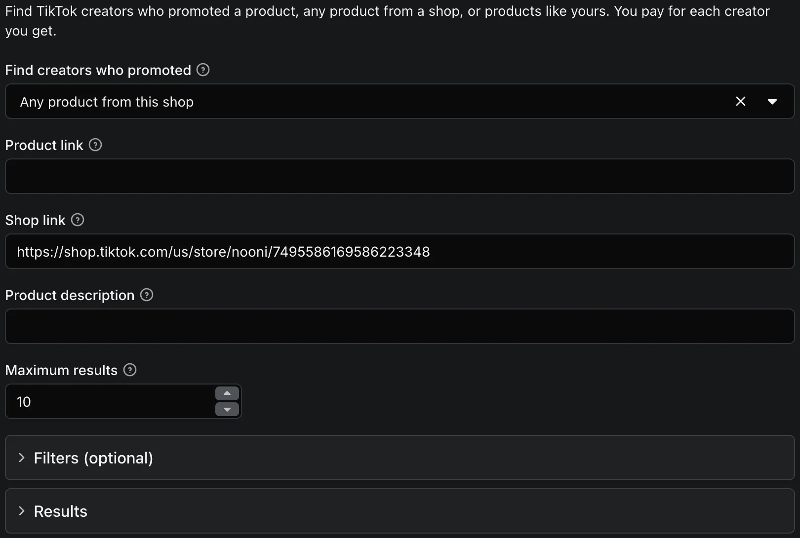 Actor input — search mode, product or shop link, maximum results and filters
