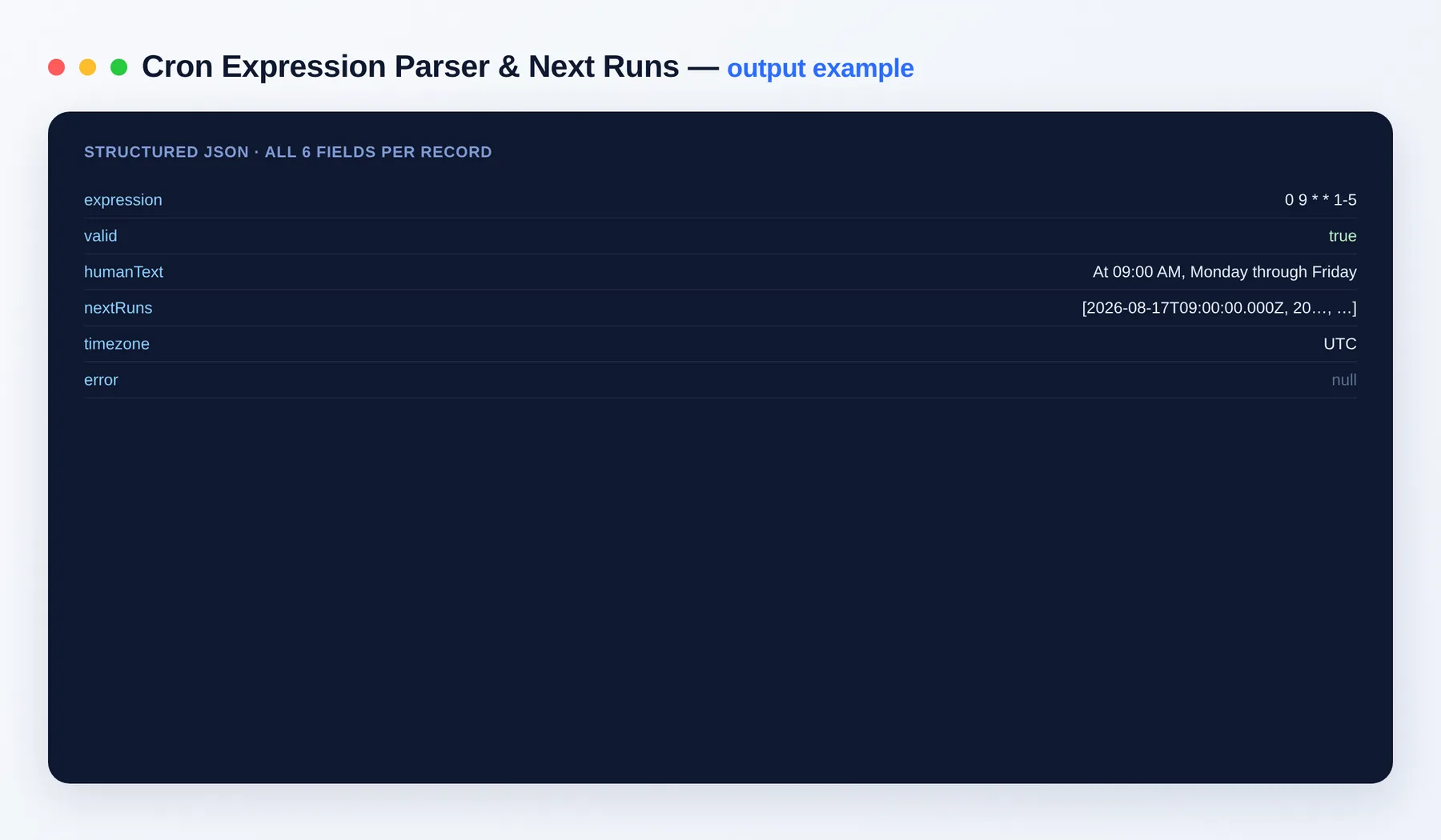 Cron Expression Parser & Next Runs output — the results as a clean dataset