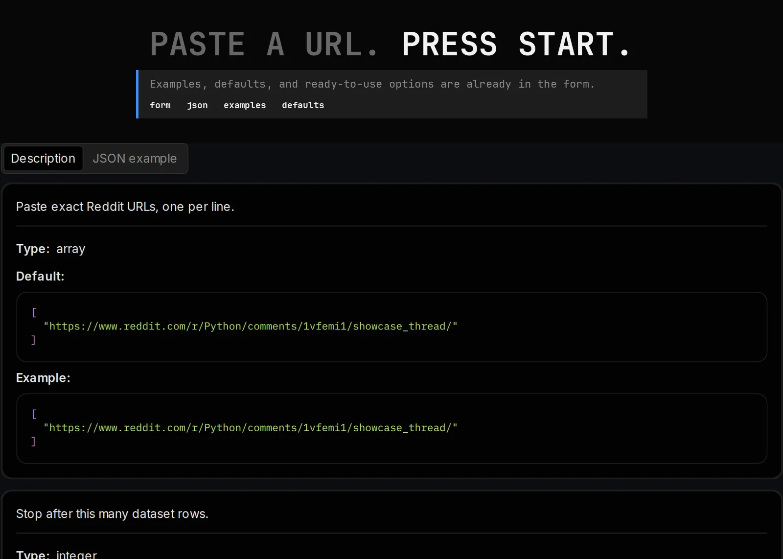Reddit Comment Scraper published input controls