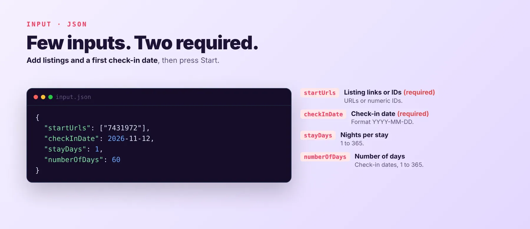 Airbnb Full Year Price Tracker Scraper input form with listing links, check-in date, nights per stay and number of days