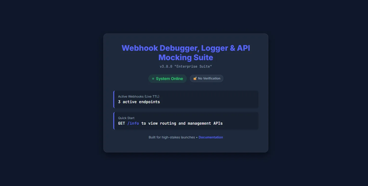 Self-hosted dashboard page showing the actor title, online status, active webhook count, and quick link to the info endpoint