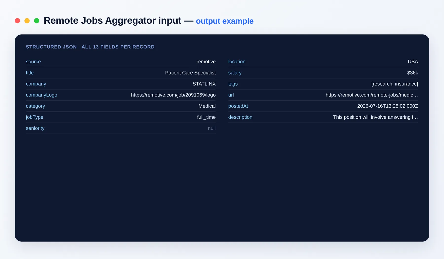 Remote Jobs Aggregator output example — normalized remote job listings as structured JSON