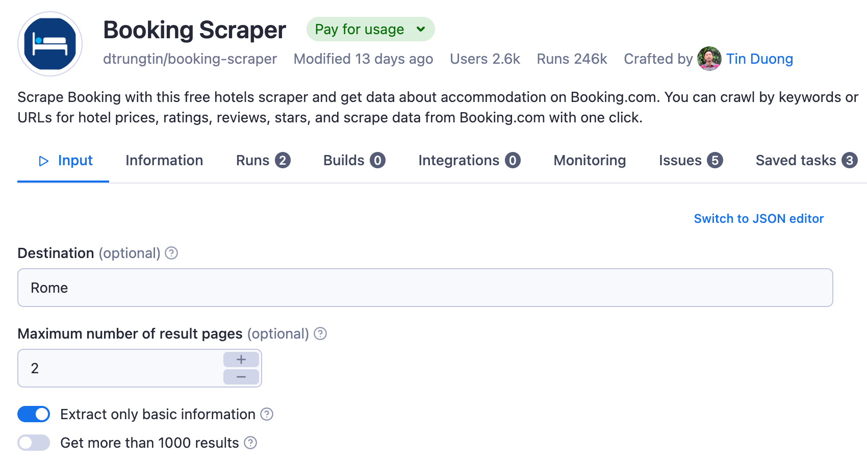 Booking scraper input