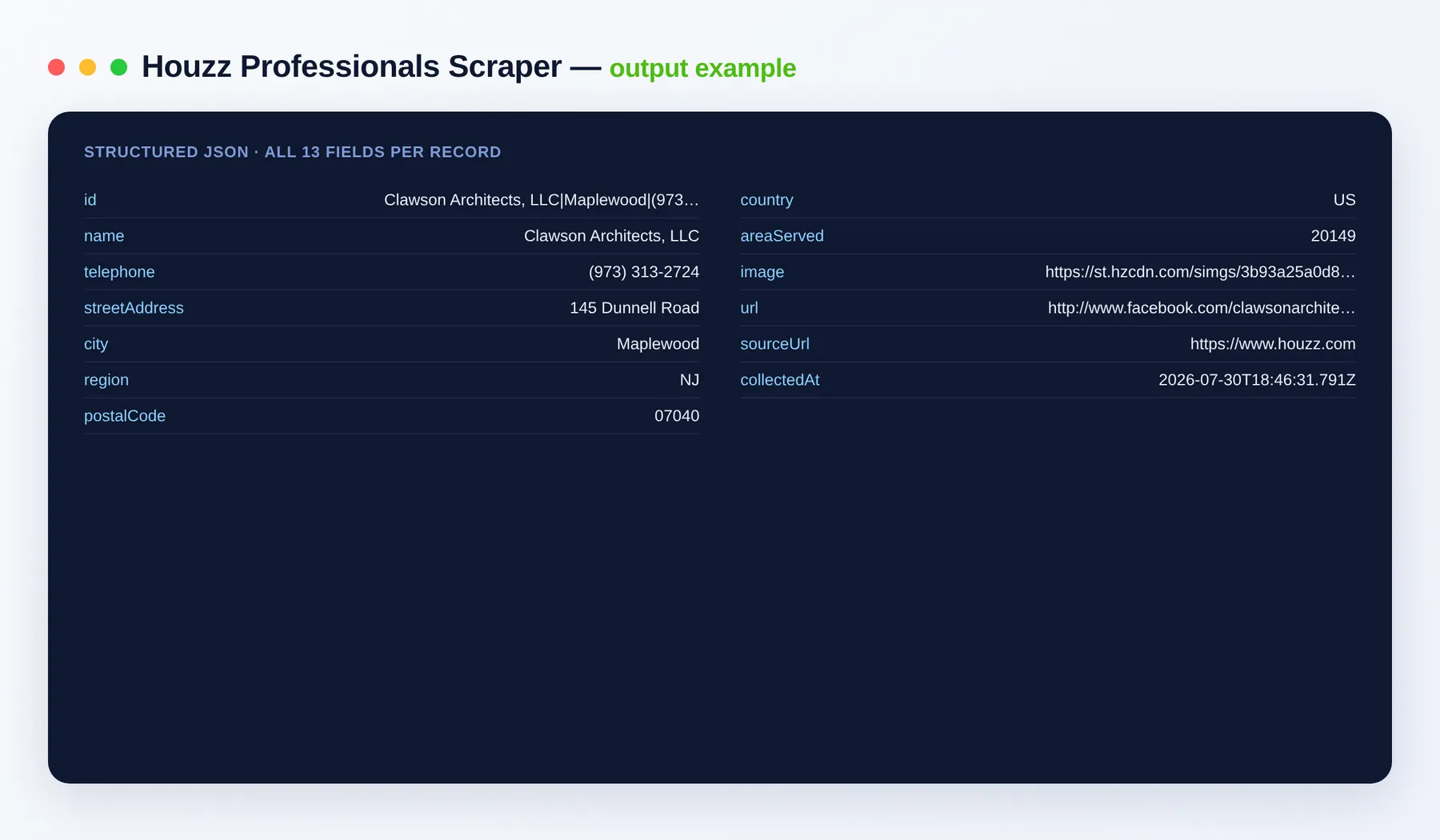 Houzz Professionals Scraper output example — business name, phone and address as structured JSON