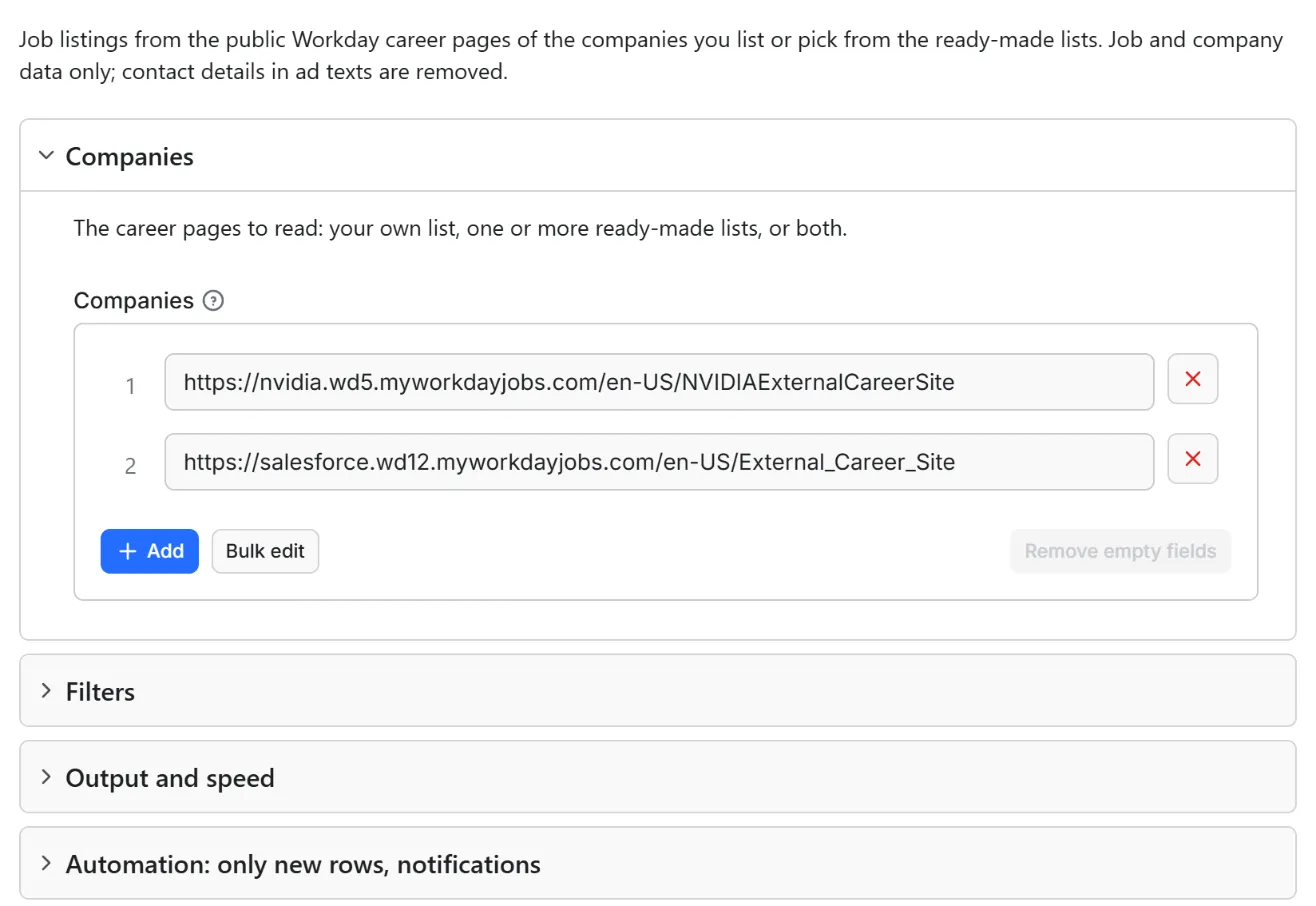 Input form of Workday Jobs Scraper – Jobs from myworkdayjobs.com Sites