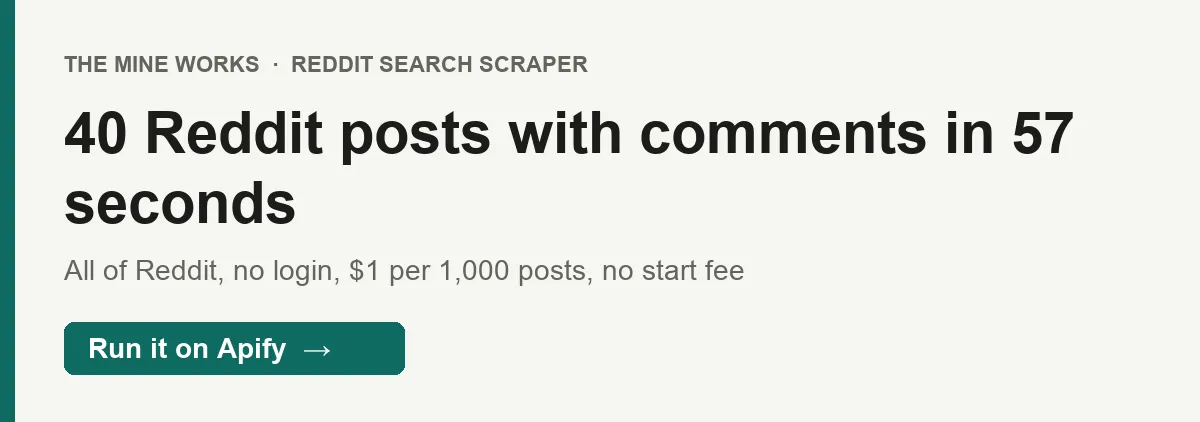 40 Reddit posts with comments in 57 seconds: a recorded run searched all of Reddit for a phrase and delivered 40 top posts of the month, each with its comment tree