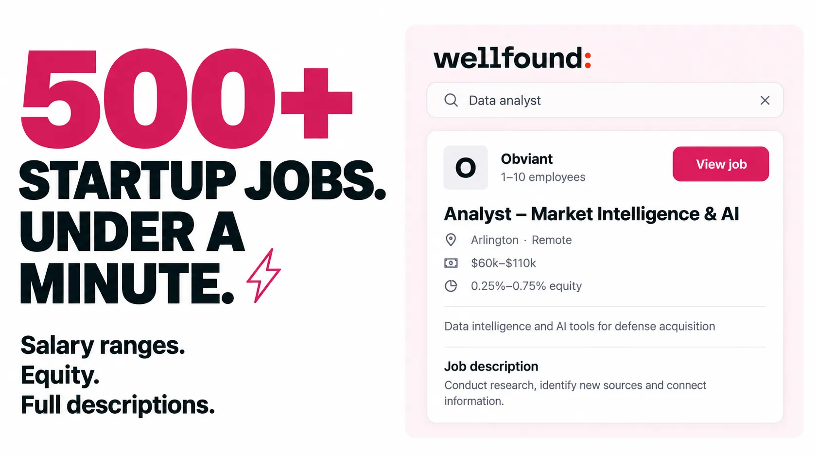 500+ startup jobs. Under a minute. Salary ranges. Equity. Full descriptions.
