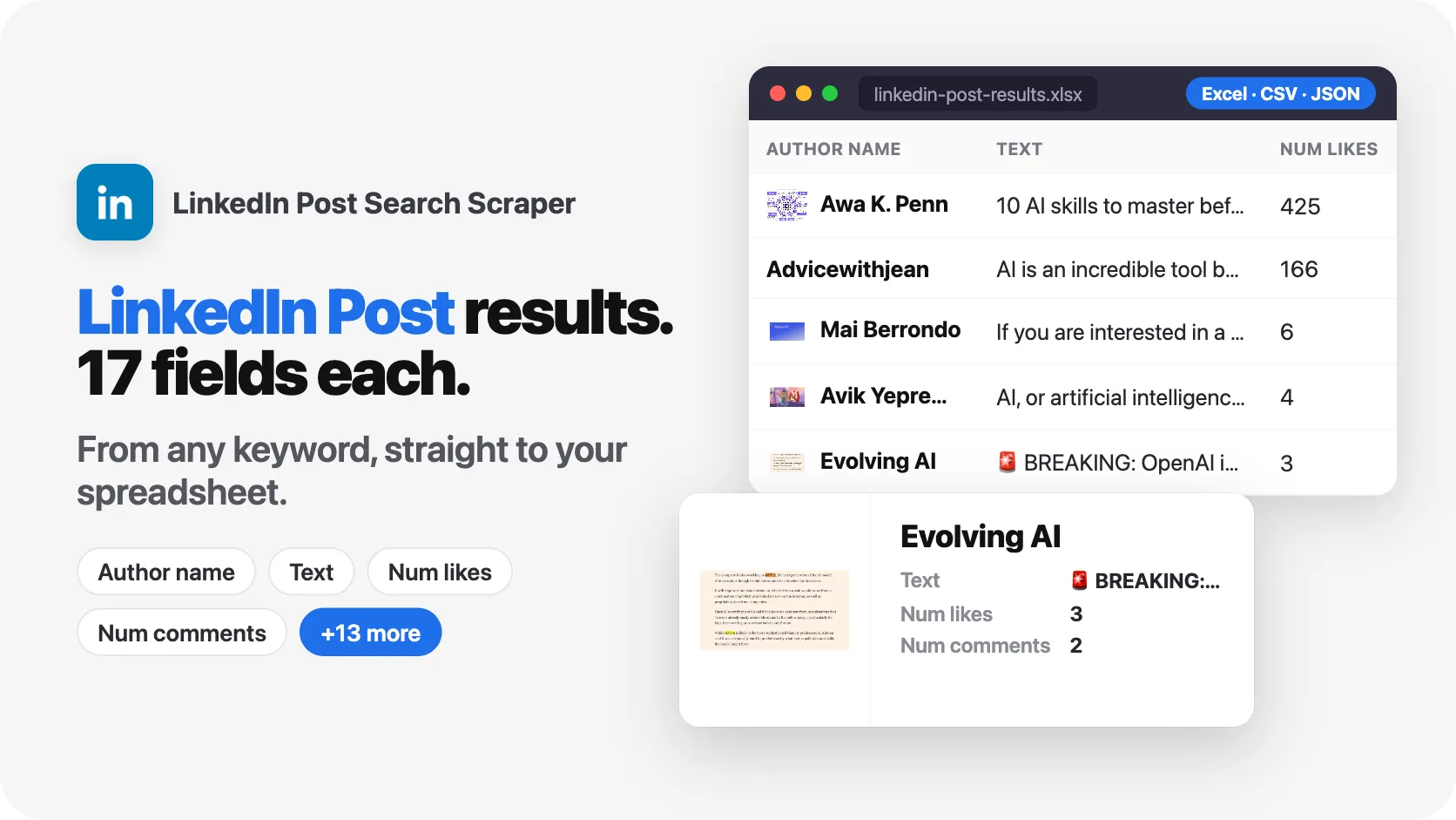 1 keyword. 10 LinkedIn Post Search results. 7 fields per result.
