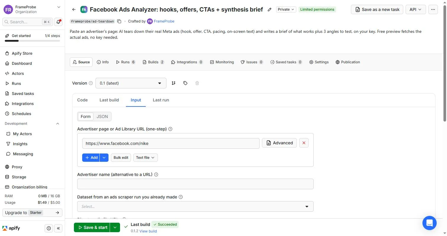 The input form with an advertiser page URL pasted into the one-step field