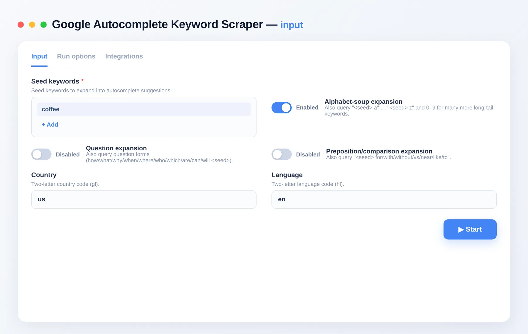Google Autocomplete Scraper input — seed keywords, expansion toggles and country/language in the Apify Console