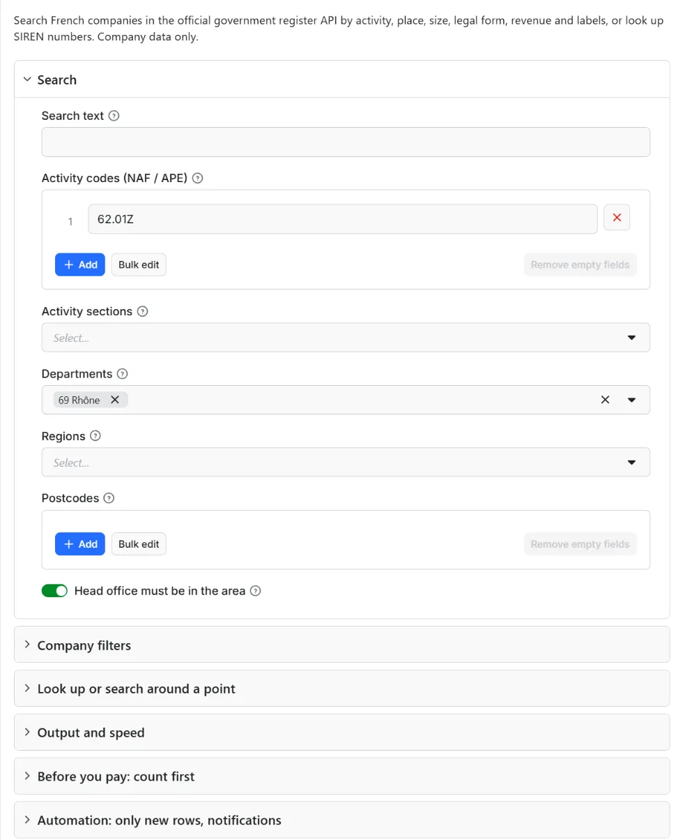 Input form of SIRENE France Company Scraper: SIREN, NAF, Revenue, Status