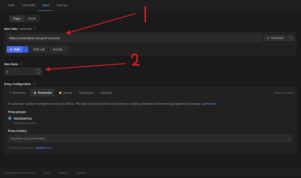 Kalshi markets scraper input form with the Start URLs and Max items fields marked 1 and 2