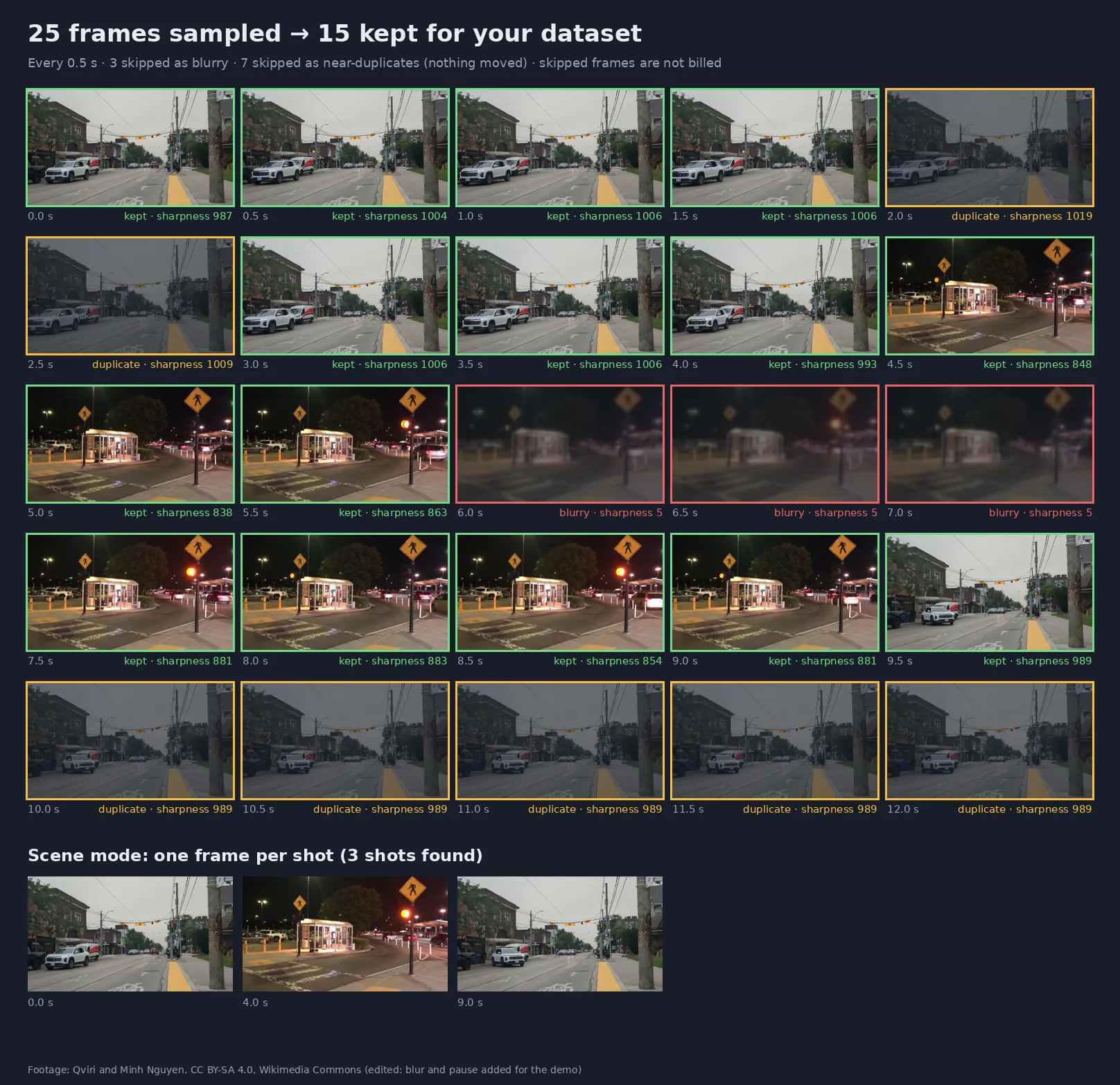 25 sampled frames: 15 kept, 3 skipped as blurry, 7 skipped as duplicates; scene mode finds 3 shots