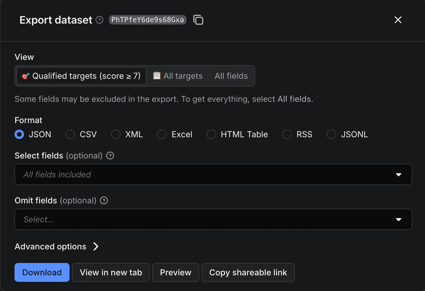 Export dataset — 7 formats, filter by view, shareable link