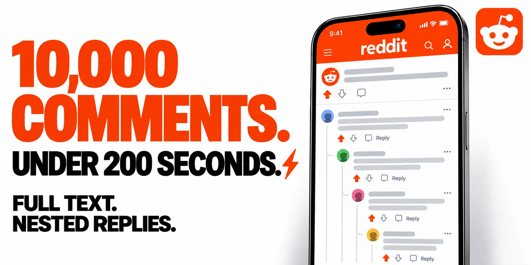 10,000 COMMENTS. UNDER 200 SECONDS. FULL TEXT. NESTED REPLIES.