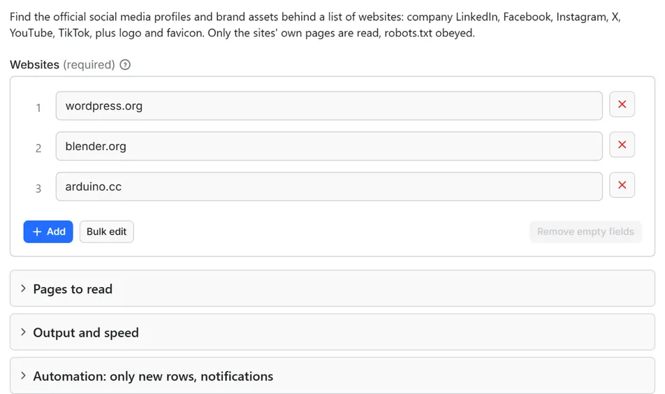 Input form of Website Social Links Finder: Company Profiles API
