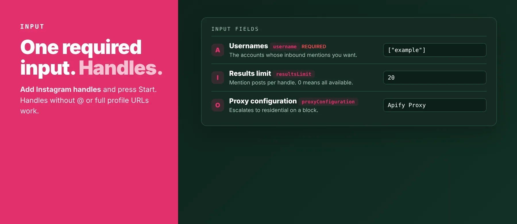 Instagram Mentions Scraper input: usernames, results limit and proxy configuration
