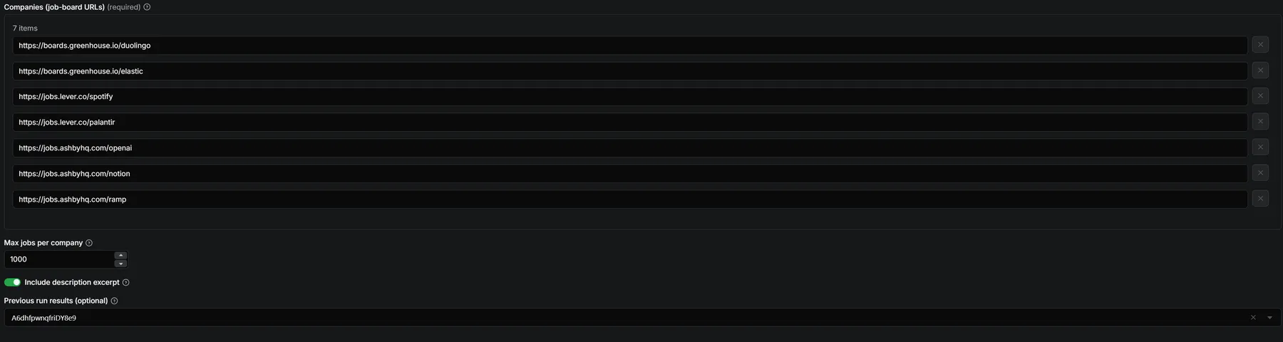 The input form: one job-board URL per line, how many jobs per company, whether to include the description, and the previous run to compare with