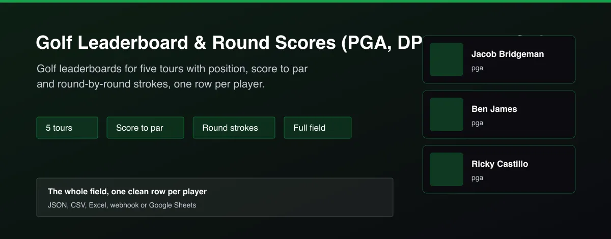 Golf Leaderboard & Round Scores (PGA, DP World, LPGA) - Golf leaderboards for five tours with position, score to par and round-by-round strokes, one row per player.