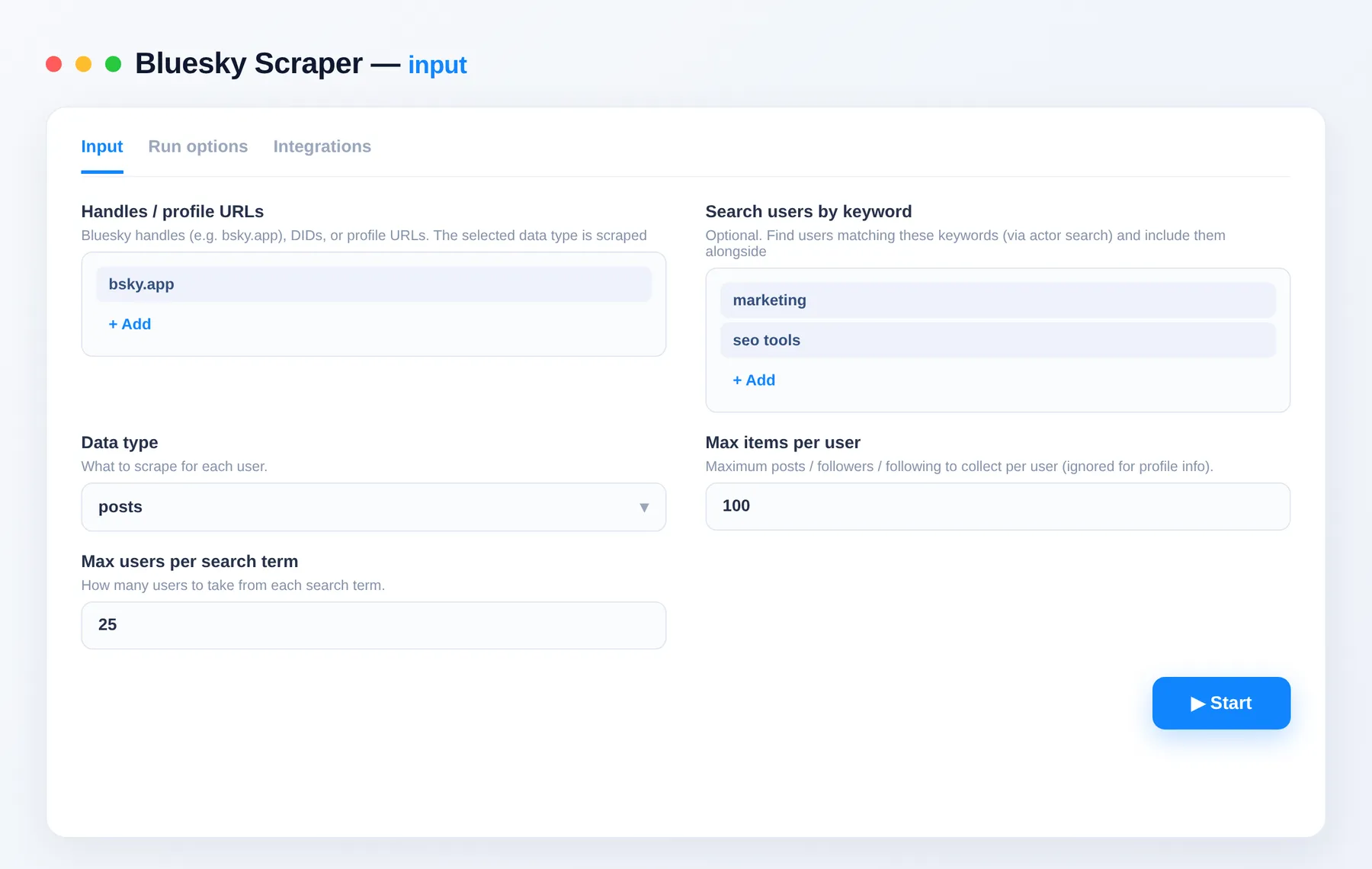 Bluesky Scraper input — actors, search terms and data type in the Apify Console