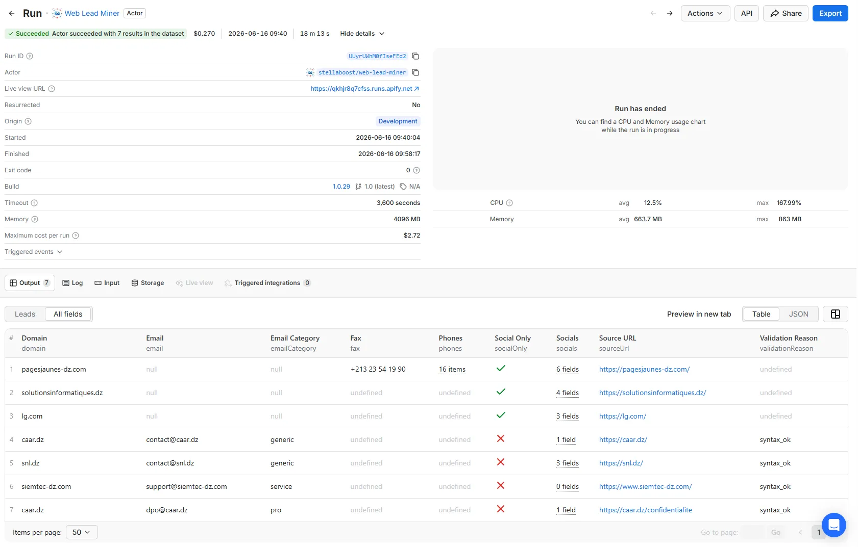 WebLeadMiner real run output — leads extracted from Algerian business directory