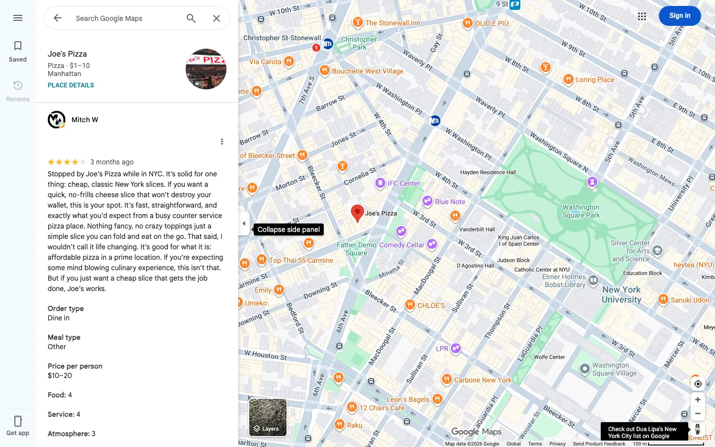 Google Maps review detail page with a review, rating, structured context, and map