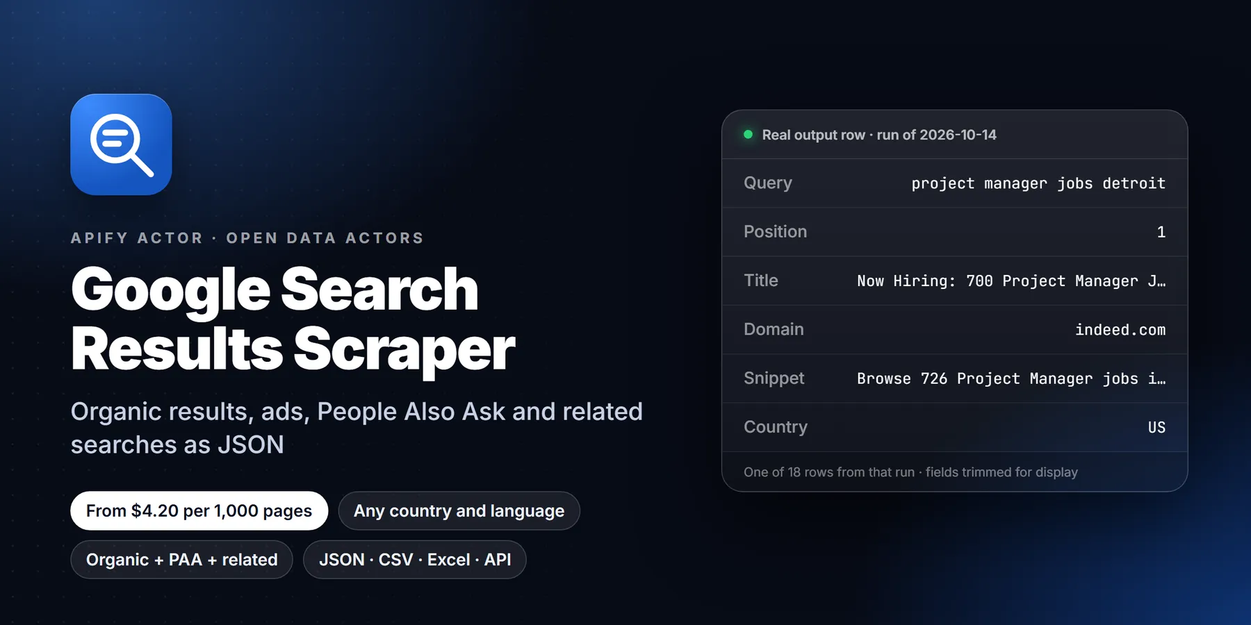 Google Search Results Scraper: features, price and a real output row