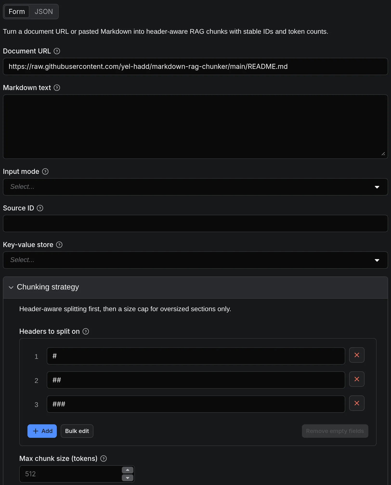 Markdown RAG Chunker input form in Apify Console with a document URL and the chunking strategy settings