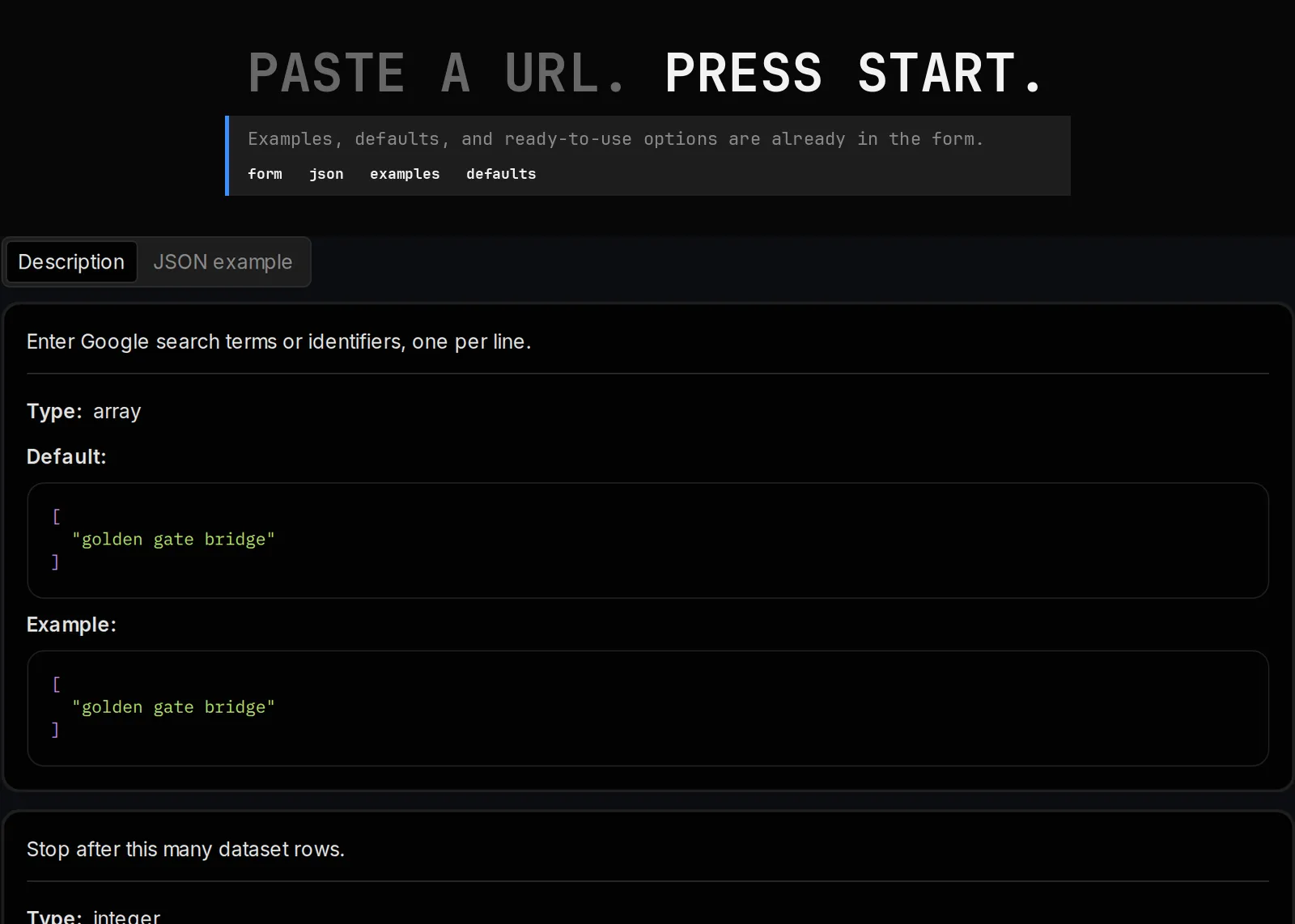 Google Image Scraper published input controls