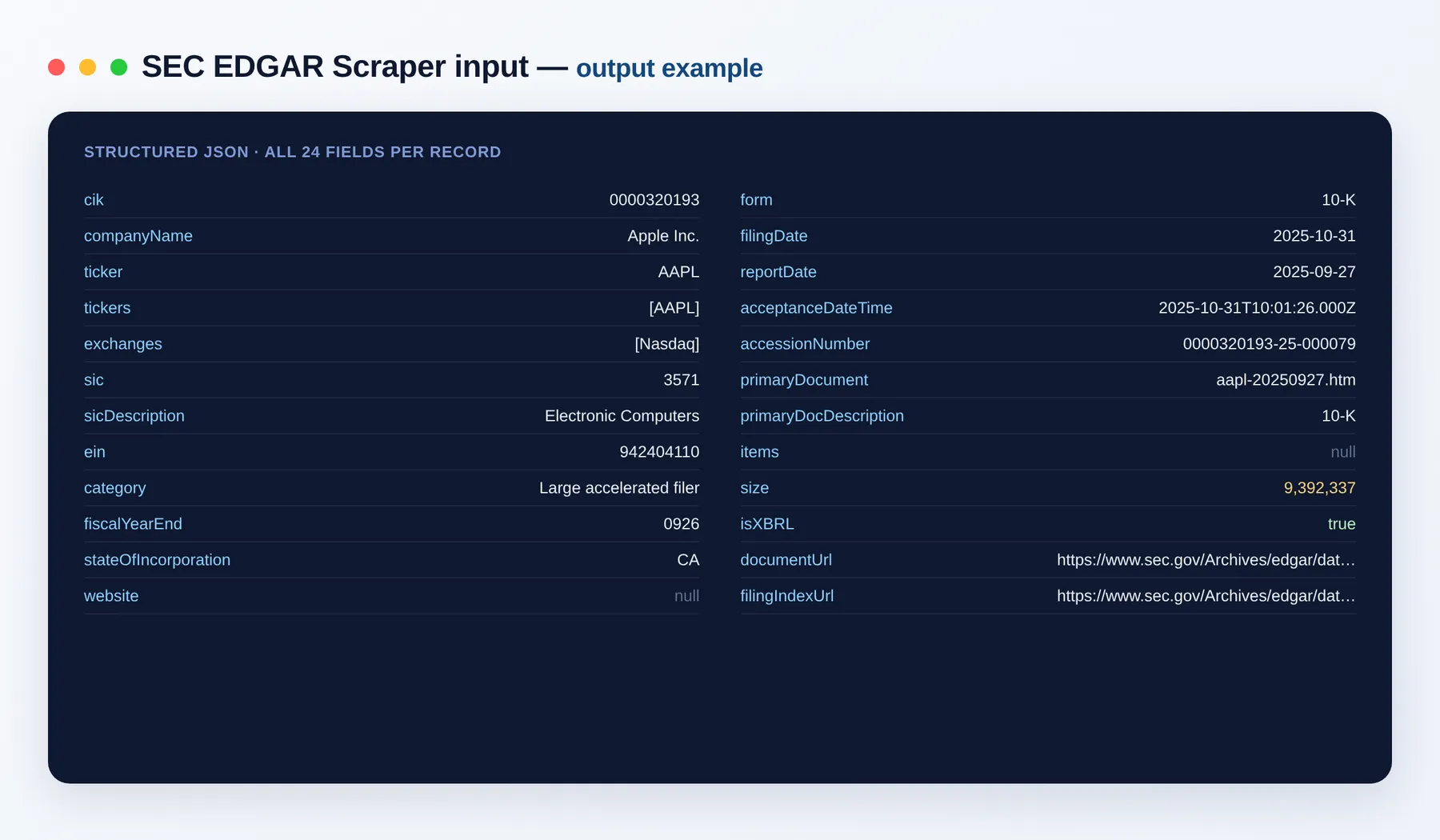 SEC EDGAR Scraper output example — filings with company profile, form type and document URL as structured JSON