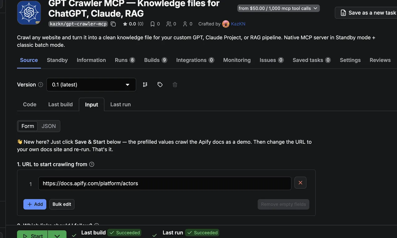 GPT Crawler MCP — Input form on Apify Console