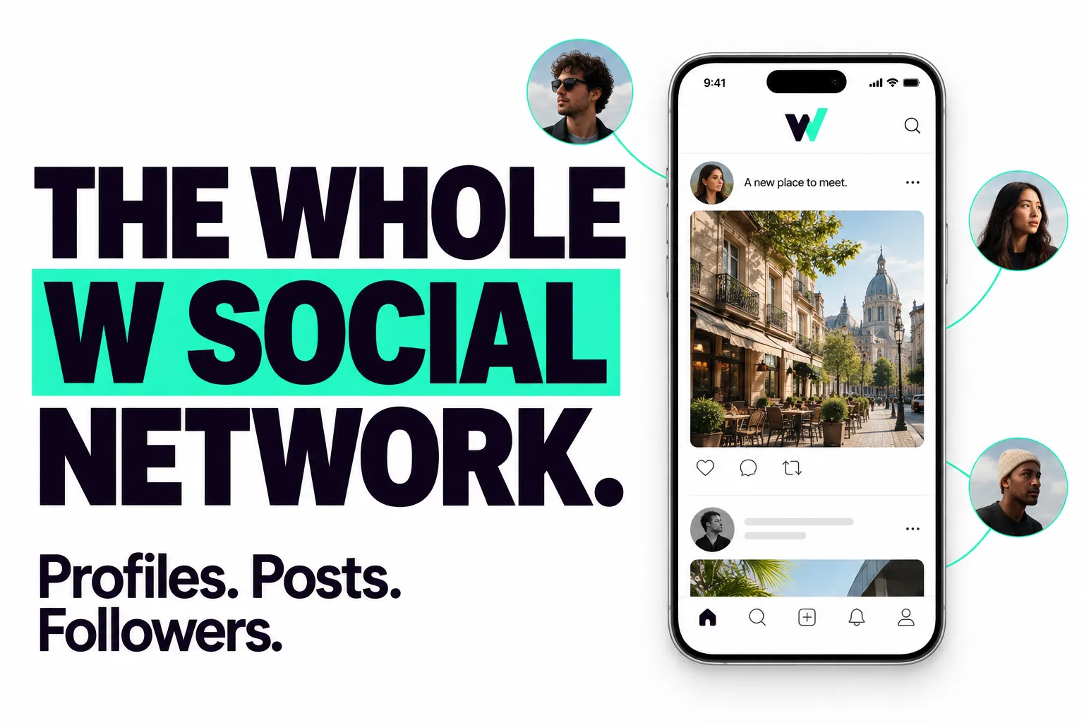 The whole W Social network. Profiles. Posts. Followers.