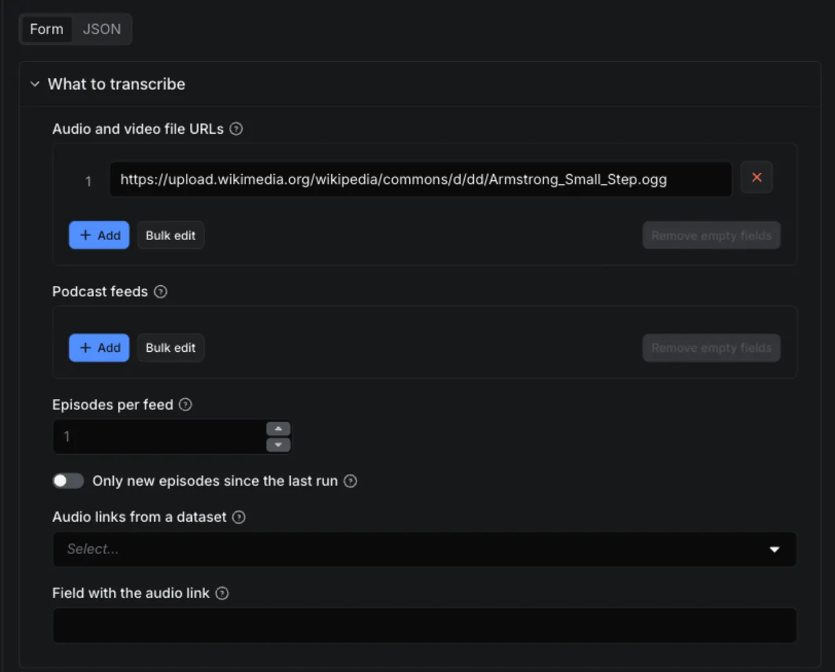 Audio & Video Transcriber input form: file URLs, podcast feeds, episodes per feed, audio links from a dataset