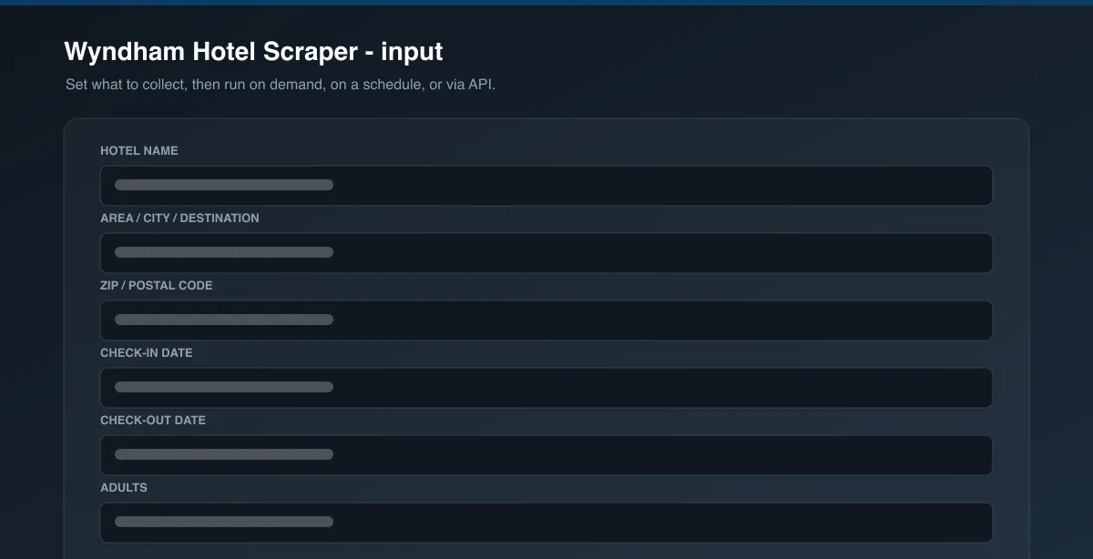 Wyndham Hotel Scraper input options