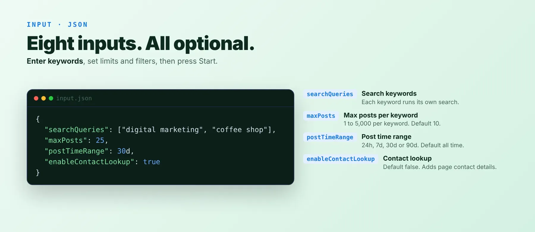 Facebook Posts Search Scraper input: searchQueries, maxPosts, postTimeRange and enableContactLookup