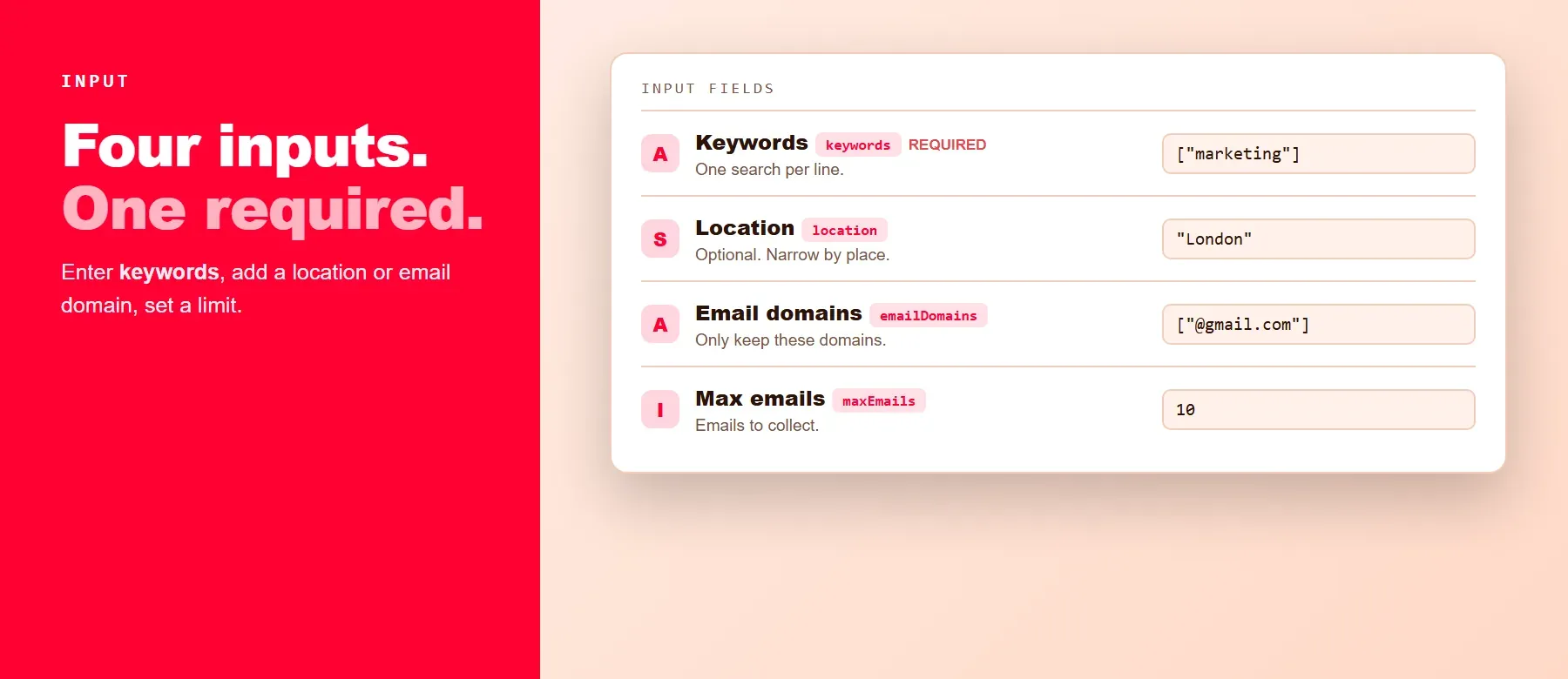 YouTube Email Scraper input: keywords, location, email domains and max emails