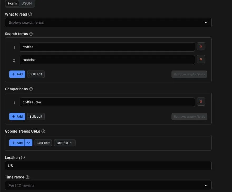 The Actor's input form in Apify Console: what to read, search terms, comparisons, Google Trends URLs, location and time range