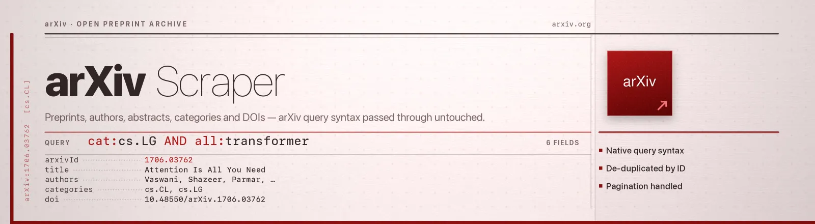 arXiv Scraper — Preprints, authors, abstracts, categories and DOIs — arXiv query syntax passed through untouched