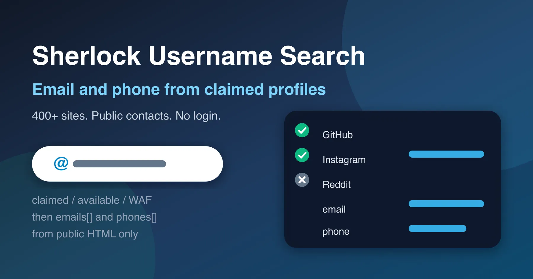 Sherlock Username Search — 400+ sites, then public emails and phones from claimed profiles