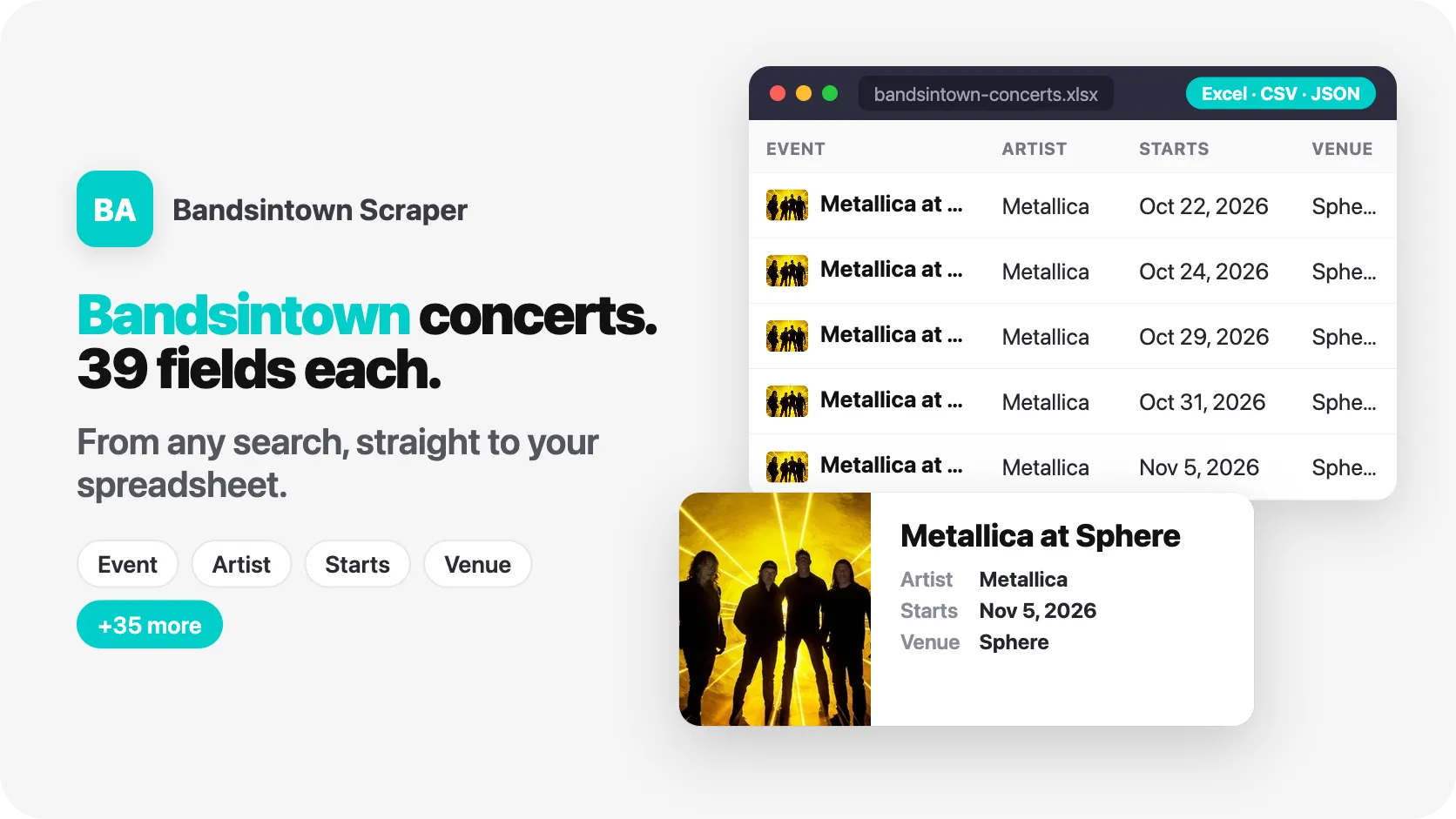 Bandsintown concerts, 39 fields each, from any search.