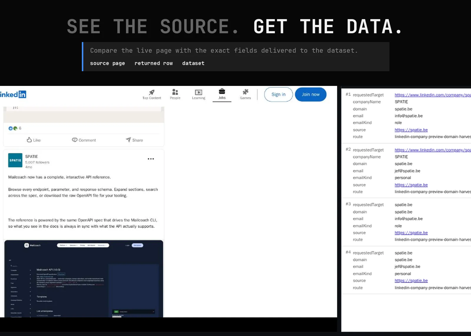 LinkedIn Data Export Scraper source page and returned record