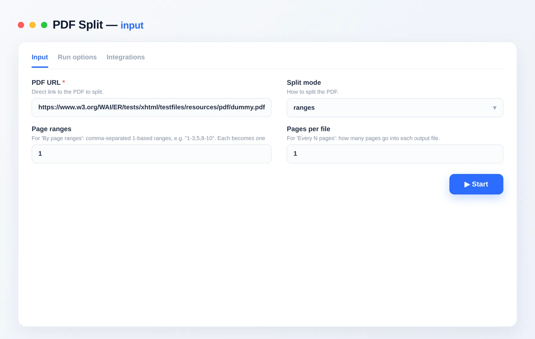 PDF Split input — configure the options in the Apify Console