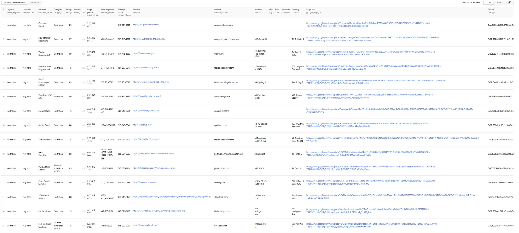 Business contact leads — table view