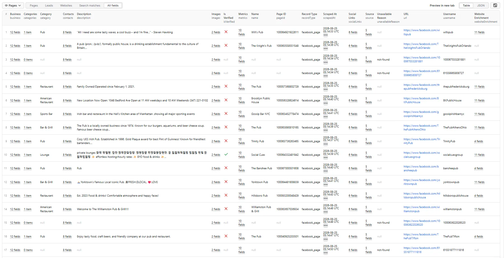 Output — all fields, table view