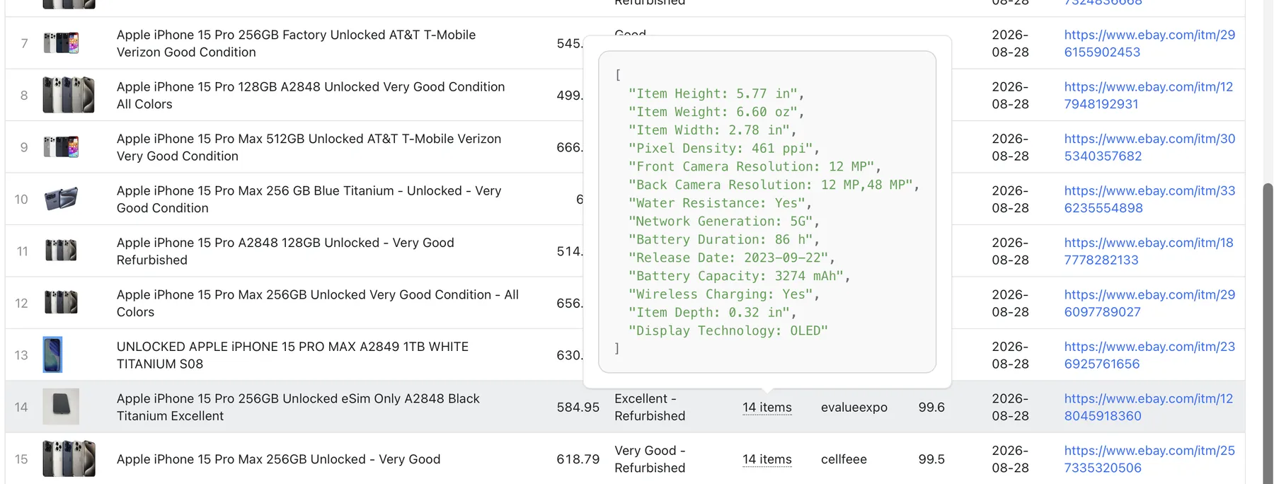The "With details" output tab — each sold iPhone 15 Pro row now shows condition (Very Good – Refurbished, Excellent – Refurbished…), the seller and their feedback score (evalueexpo · 99.6), and a full item-specifics list per listing: Storage, Battery Capacity 3274 mAh, Display Technology OLED, Pixel Density 461 ppi, Release Date, Camera Resolution and more